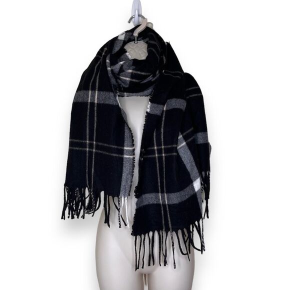Hollister Black Tan Cream Plaid Fringed Blanket Scarf Unisex Academia Classic - Picture 1 of 8